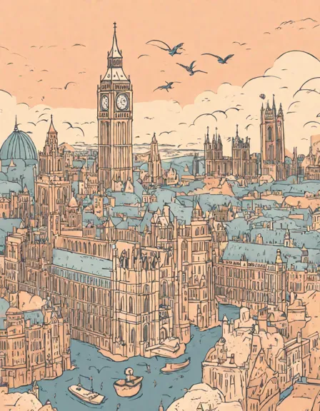 captivating coloring page of london's iconic big ben, adorned with intricate embellishments and set against a golden sunset over the river thames in color