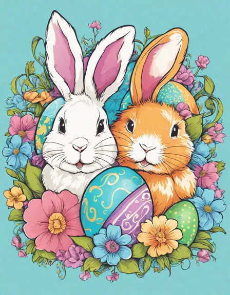 intricately designed easter basket coloring page with bunnies, patterned eggs, and treats in color