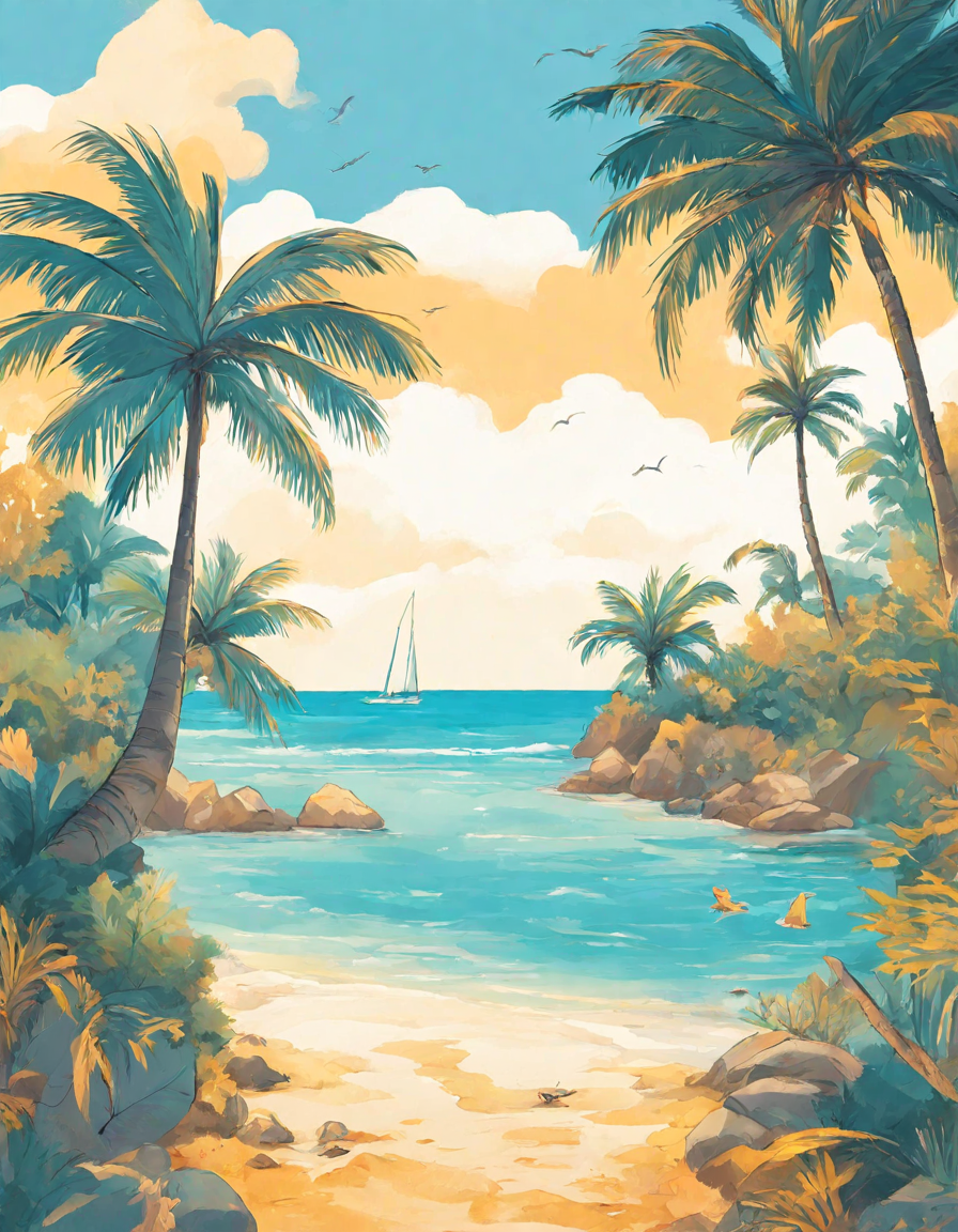 tranquil tropical paradise coloring page with azure waters, coral reef, palm trees, and golden sunlight in color