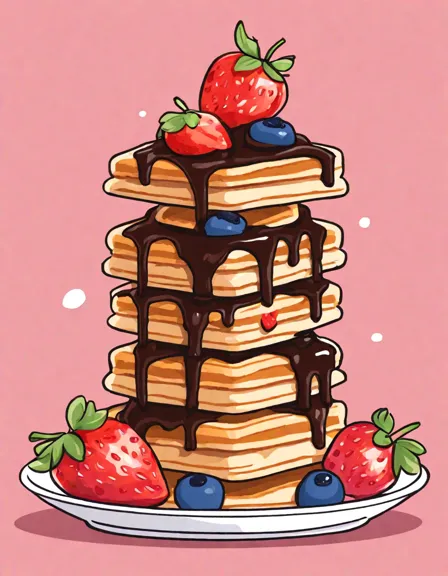 intricate waffle extravaganza coloring page with tower of fluffy waffles topped with strawberries, blueberries, whipped cream, and chocolate sauce in color
