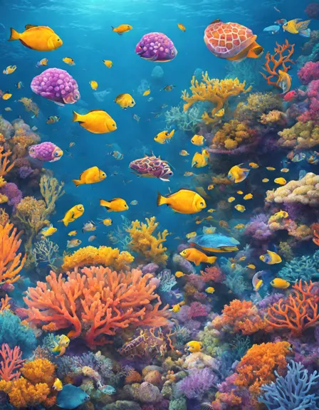 coloring page of a lively coral reef with fish, sea turtles, and seahorses for a vibrant underwater scene in color