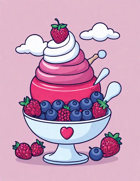 Coloring book image of colorful berry burst sorbet in a bowl surrounded by whimsical ice cream shop decor in color