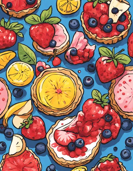 colorful fruit tarts arranged on a page, perfect for coloring: strawberries, blueberries, raspberries, and lemons in color
