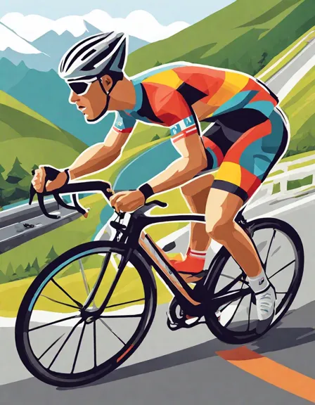 coloring book page of a thrilling cycling race with athletes in detailed outfits on mountain road in color