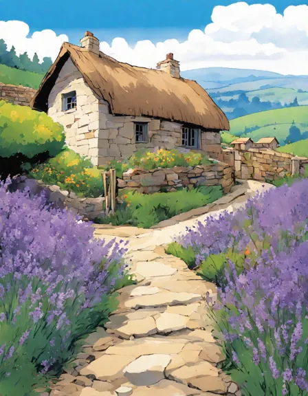 coloring page of lavender fields with a stone cottage under a clear sky in color