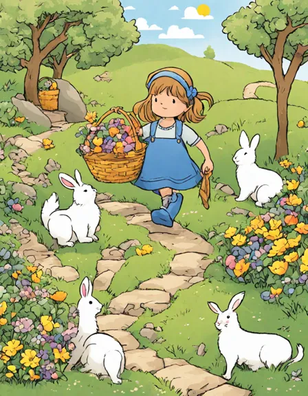 kids and animals hunt for the golden egg in a lush easter garden on a coloring book page in color