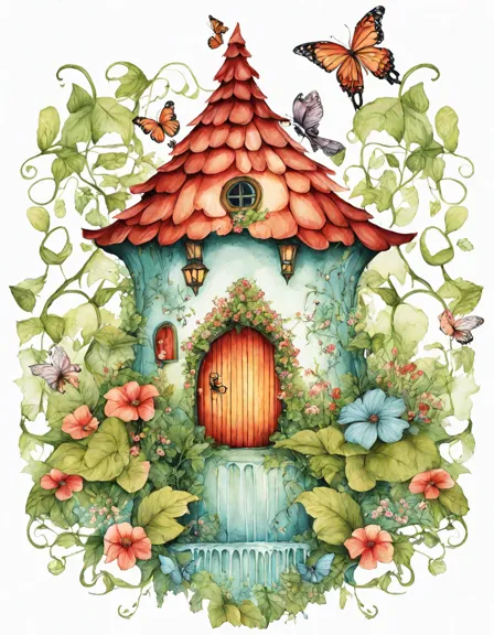 Coloring book image of ethereal fairy cottage in a lush forest, adorned with vines, delicate petals, and butterflies. a gentle stream babbles nearby in color
