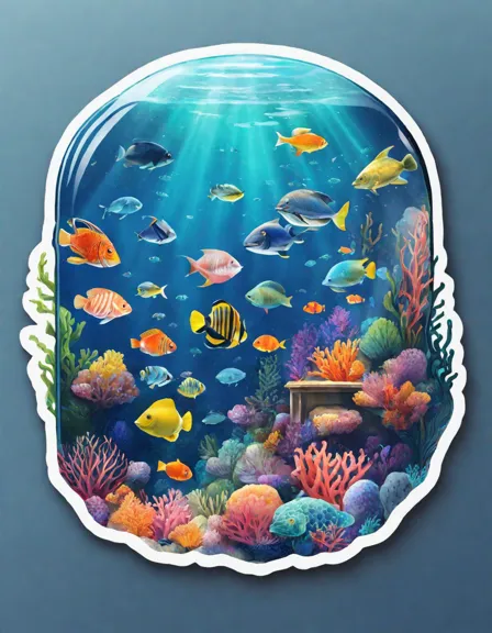 Coloring book image of underwater observatory dome with panoramic ocean view, schools of fish, and sea turtles in color