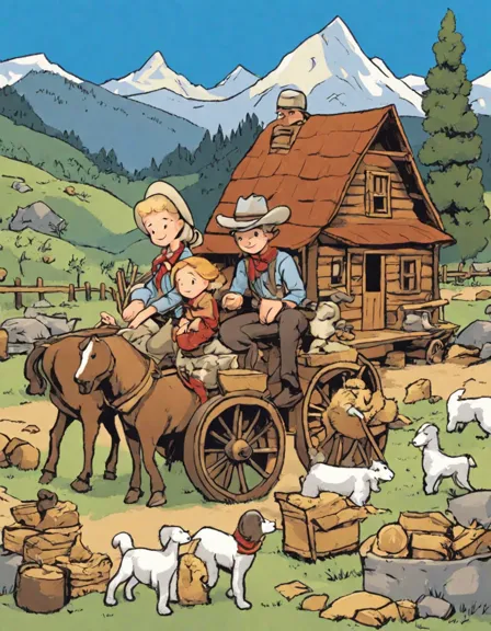 coloring page of pioneer life in the wild west with a cowboy, cowgirl building a cabin, and detailed frontier scene in color