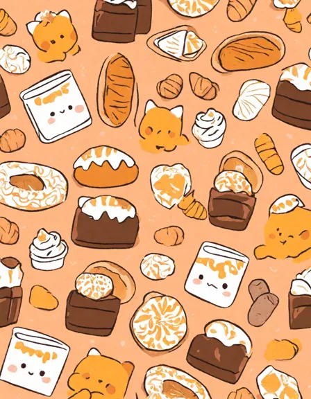 intricate pastry coloring sheet with pastries of various shapes and sizes, adorned with detailed patterns and warm hues of butter and chocolate in color