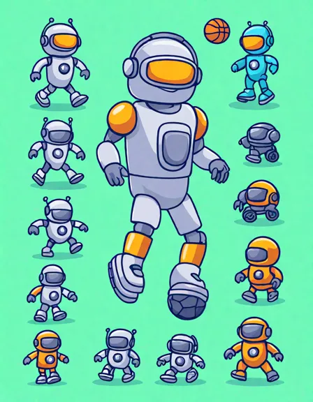 coloring book page featuring robots playing various sports with detailed equipment in color