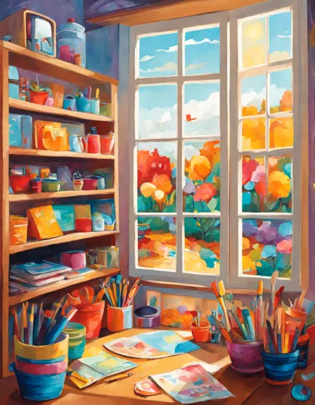Coloring book image of colorful classroom with diverse students painting and art supplies scattered under sunlight in color