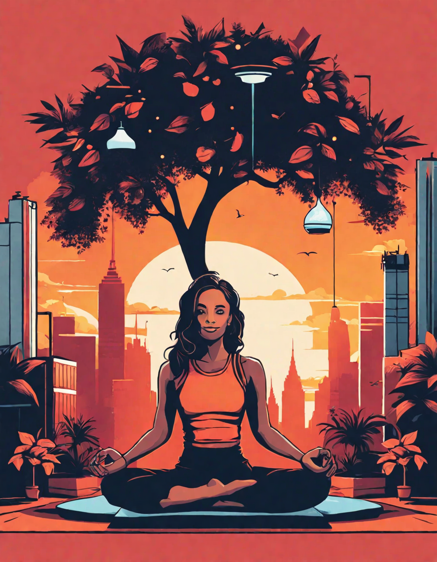 yogi in tree pose on urban rooftop coloring book page, blending tranquility with cityscape vibes in color