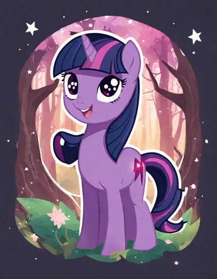 twilight sparkle in the enchanted forest coloring page with magical sparkles and mystical creatures in color