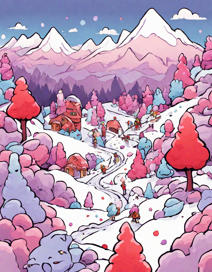 coloring book scene of magical gumdrop mountains with sugary peaks, candy creatures, and a licorice path in color