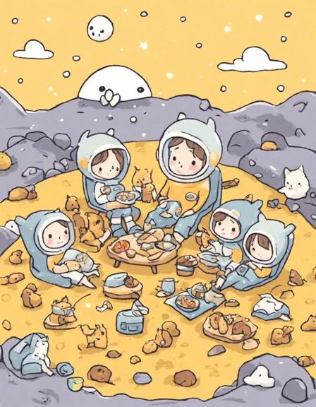 coloring page of an alien family picnic on the moon with spaceship and meteorites in color