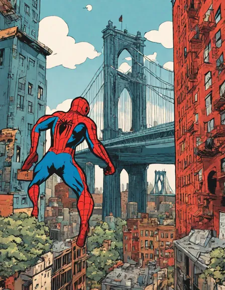 spiderman and his arch-nemesis clash on brooklyn bridge in an intricate coloring book page in color