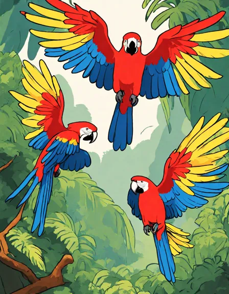 scarlet macaws flying over rainforest for a coloring book scene in color