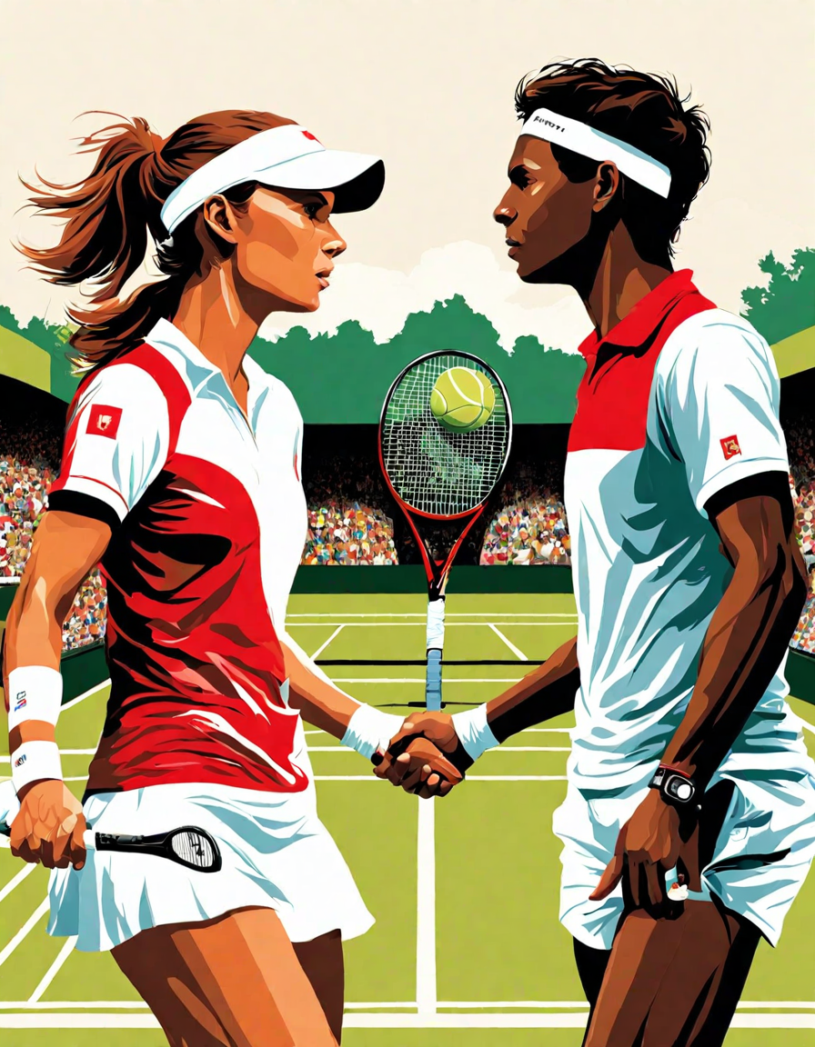 Coloring book image of tennis champions ready for duel at tennis masters championship, surrounded by eager audience in color