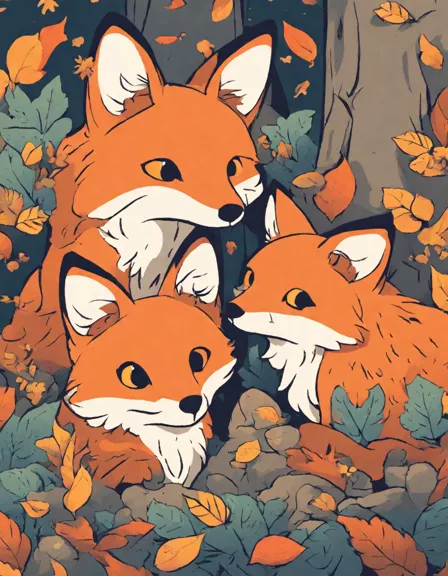 family of foxes on a twilight hunt in a magical forest, perfect for a coloring book scene in color