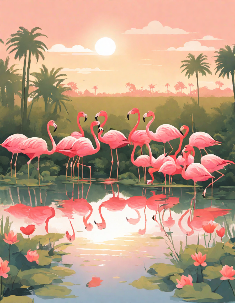 coloring book page of flamingo families by water with reflections and sunset background in color