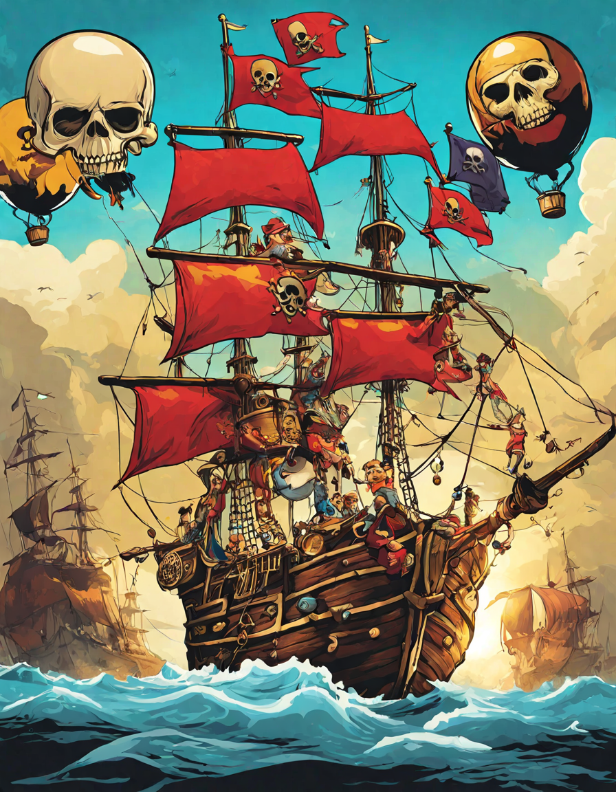 pirate ship birthday adventure coloring page with kids in bandanas around treasure chest in color
