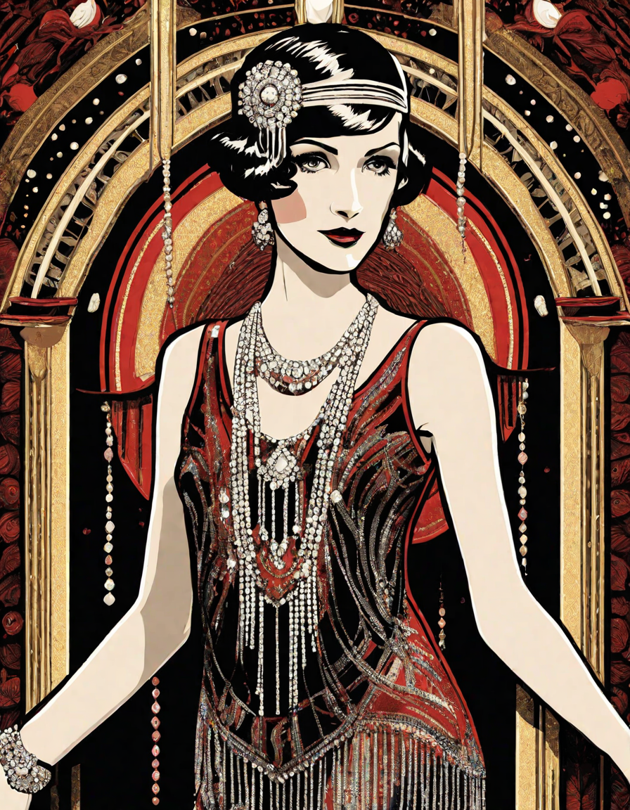 vibrant flapper dresses coloring page from the roaring 20s, featuring iconic sequined designs and 1920s fashion details in color