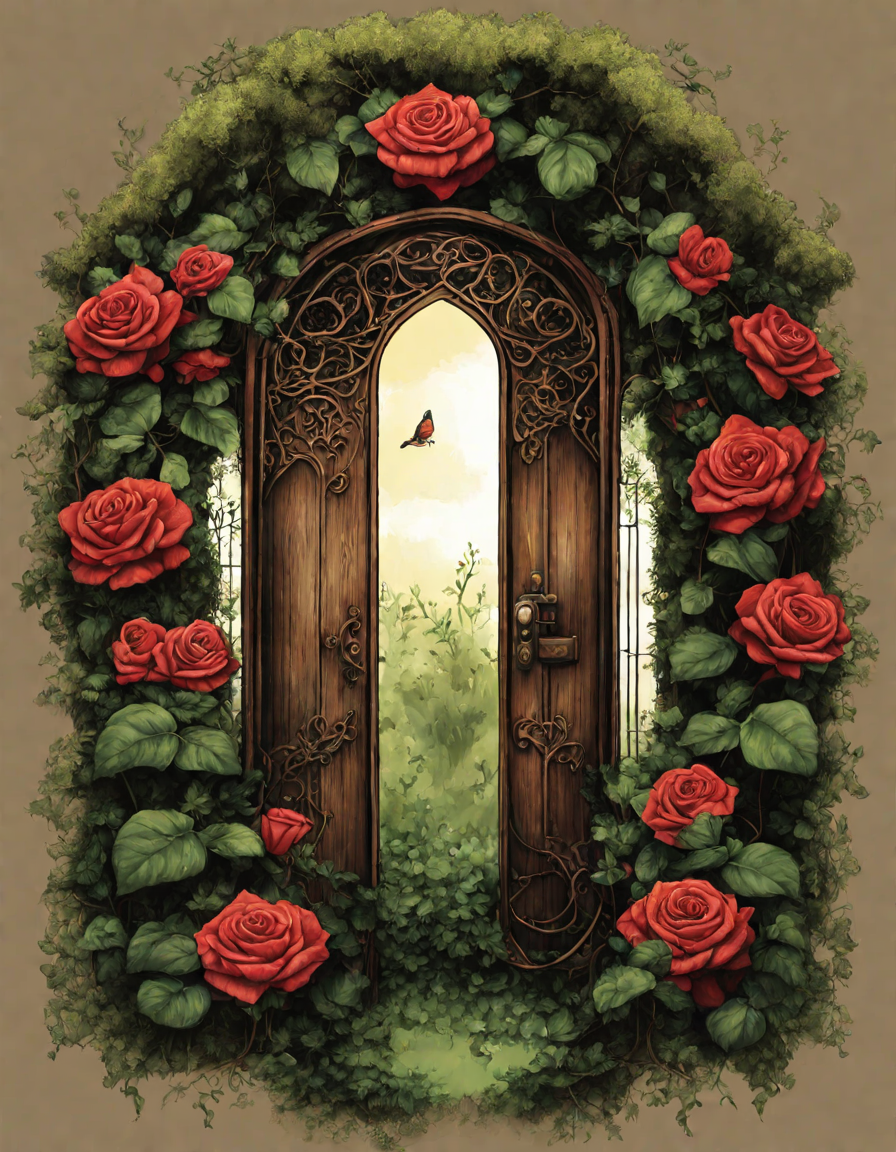 Coloring book image of enchanted garden door hidden by willow branches, ivy, and roses, inviting to a secret world in color