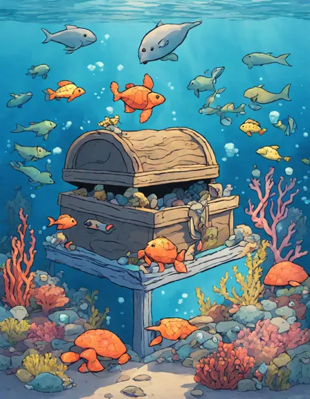 coloring page featuring serene ocean scene with corals, marine life, a sea turtle, and a treasure chest in color