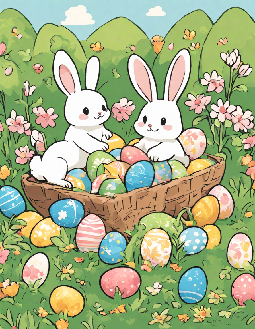 Coloring book image of children and bunnies search for easter eggs in a sunlit garden on an easter egg hunt adventure in color
