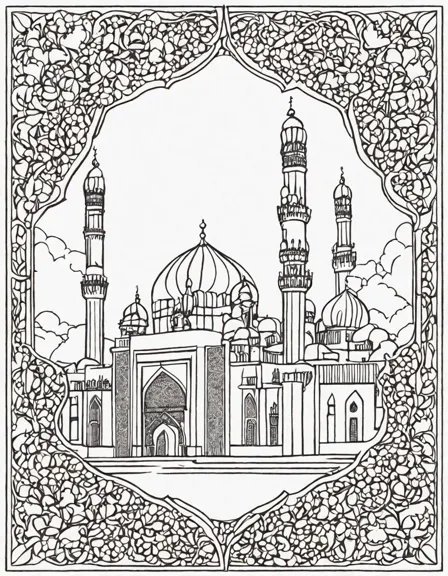 islamic mosque coloring book page with intricate geometric patterns, minarets, and calligraphy, inviting detailed coloring for art enthusiasts in color