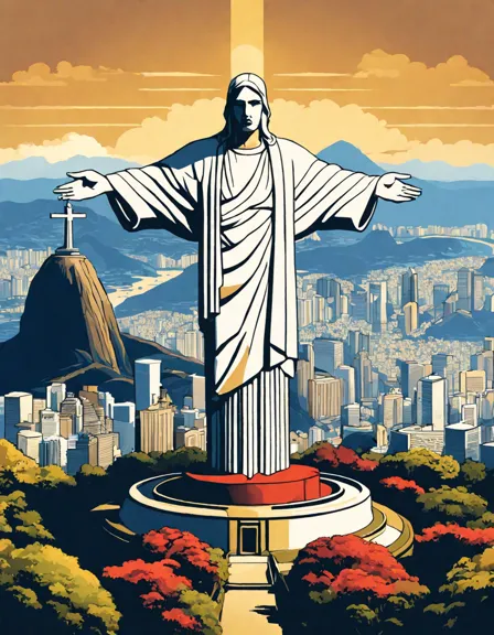 captivating christ the redeemer coloring page featuring intricate details of the statue and the rio de janeiro cityscape in color