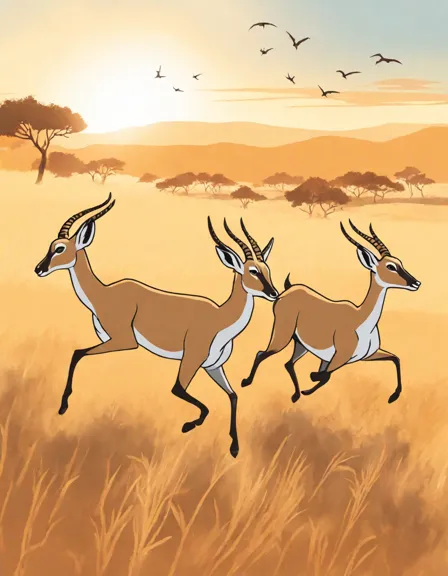 Coloring book image of gazelles leaping over savannah grass, showcasing their elegance and strength in their natural habitat in color