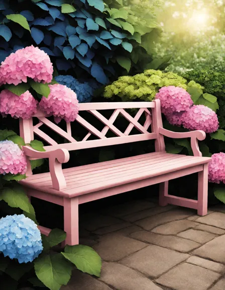 Coloring book image of rustic wooden bench in tranquil garden surrounded by ombre hydrangeas under an ivy-covered lattice in color