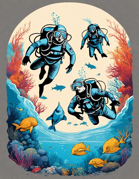 coloring page featuring divers and marine life in an underwater scene with sun rays filtering through in color
