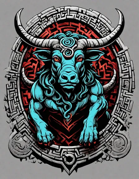 mythical minotaur guarding stone labyrinth with puzzles and secrets, in a coloring book image for adventurous quest in color