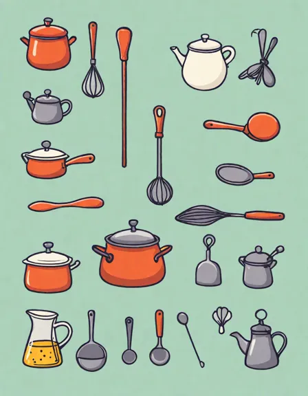 coloring book page featuring magical kitchen tools, including levitating ladles and whisking wands in color