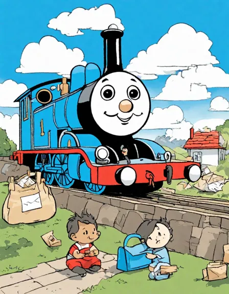 Coloring book image of percy the tank engine delivering mail by train across a sunny landscape in color