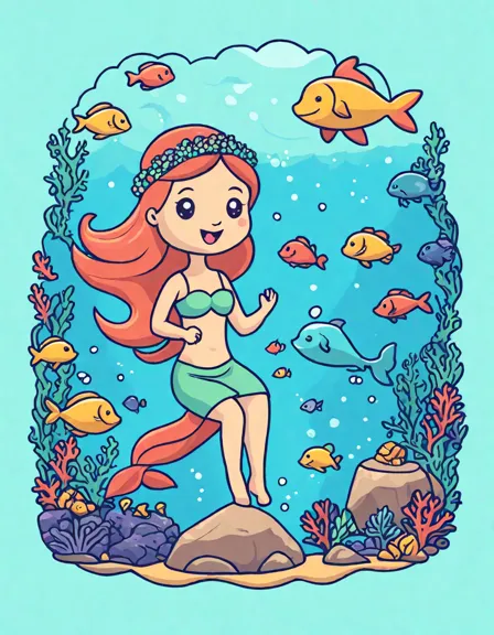 coloring book page featuring the mysterious mermaid's cove with mermaids, dolphins, and sunken treasures in color