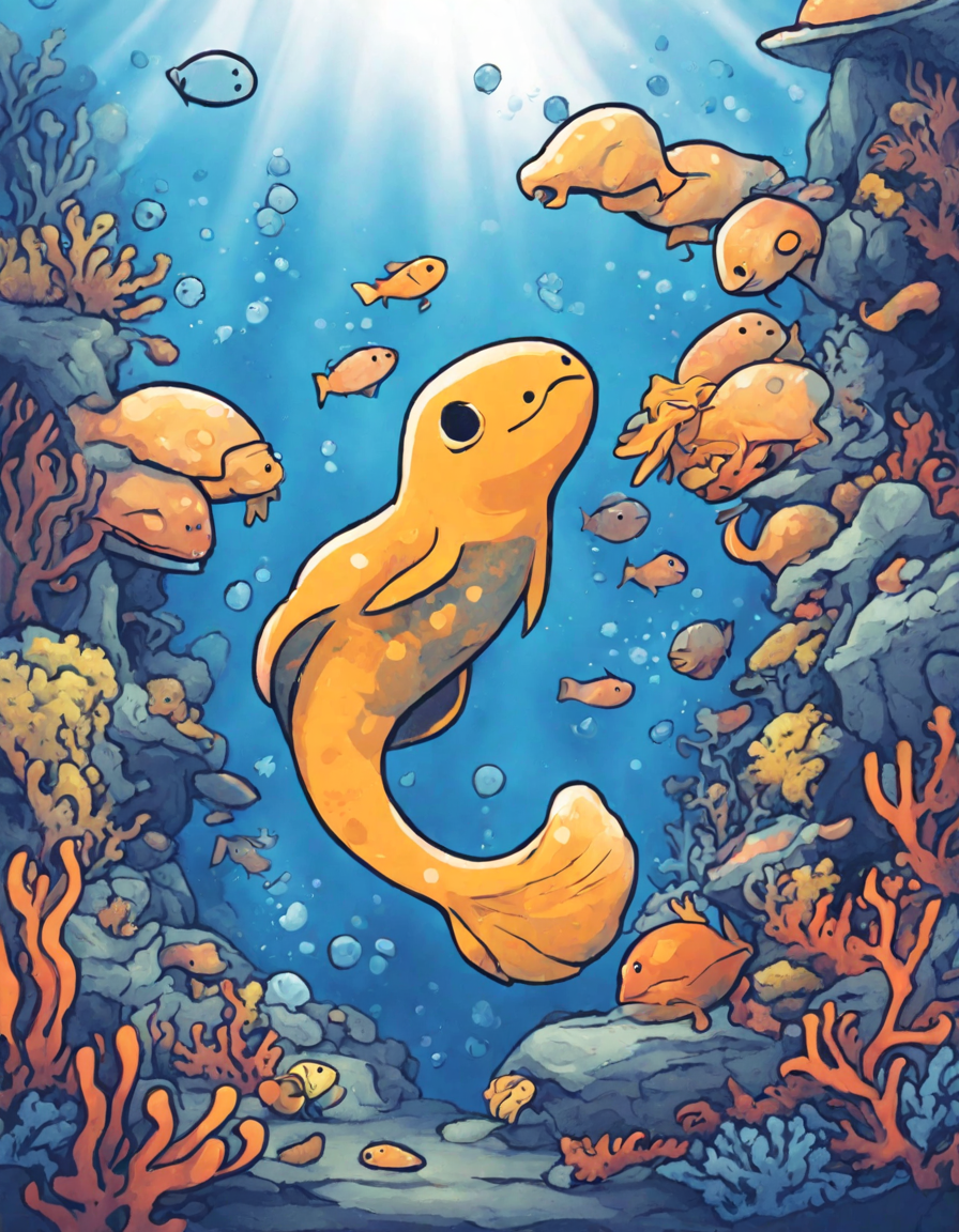 electric eels illuminating the dark ocean floor in a coloring book image in color