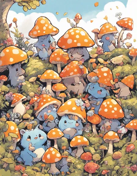 cheerful trolls trying tiny top hats in a sunlit clearing coloring page with flowers and mushrooms in color