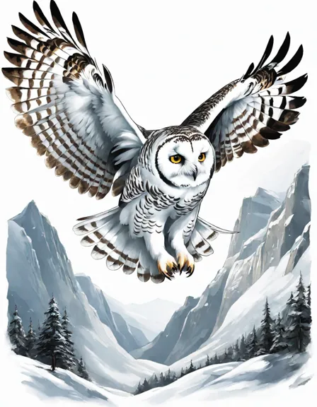 Coloring book image of snowy owl in flight, wings outstretched, golden eyes scanning icy landscape in color
