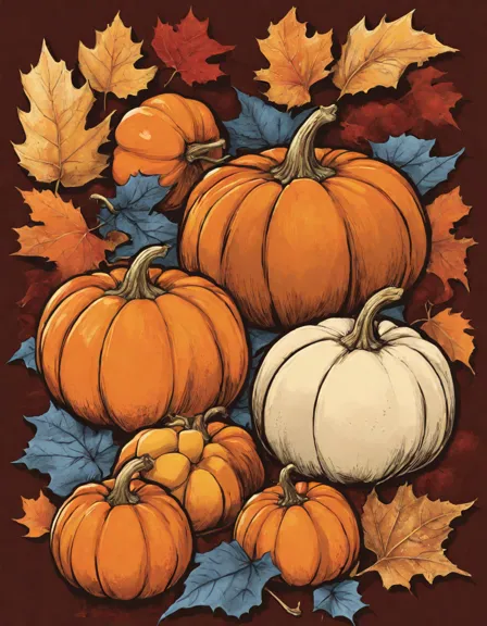 coloring book page featuring autumn harvest with pumpkins, squash, and fall leaves for thanksgiving in color