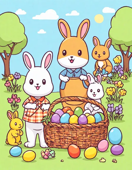 coloring page of easter picnic with bunnies, basket of eggs, and egg hunt in a flower-filled garden in color