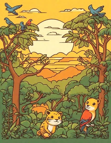 coloring book image of a rainforest at sunset with parrots, a jaguar, and bats in color