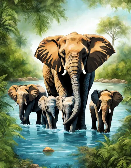 coloring book page of elephant family crossing river with detailed flora and fauna in color