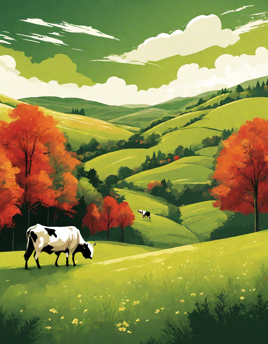 serene pasture with grazing cows under majestic trees, perfect for coloring in color