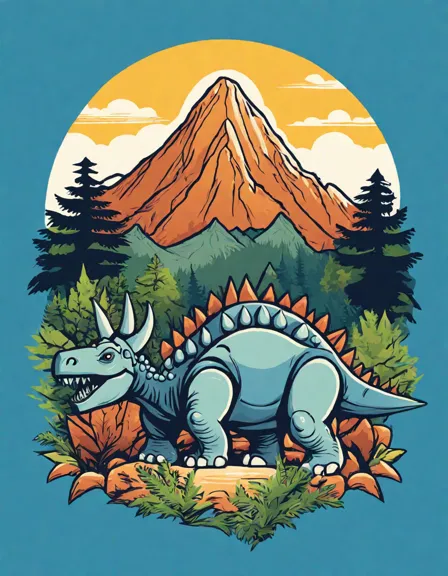 coloring page of a stegosaurus in a lush jurassic landscape with dinosaurs by a brook in color