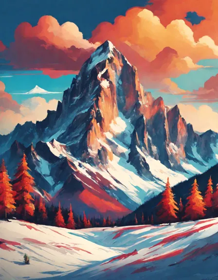 Coloring book image of alpine mountainscape with snow-capped peaks, inspiring artistic creativity and serene escape in color