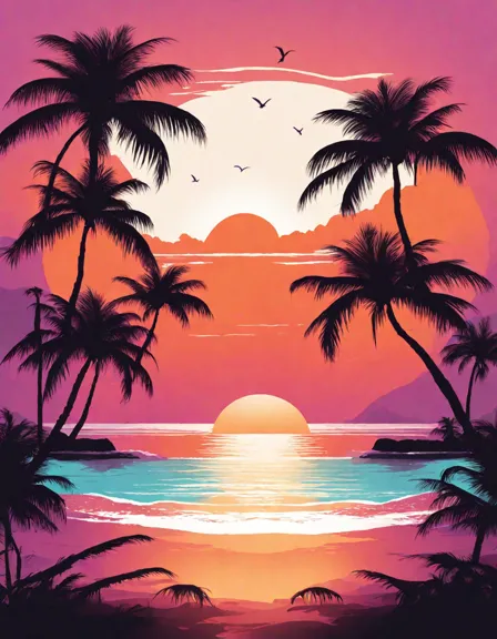 coloring page of a secluded island paradise with palm trees and a sunset sky in color